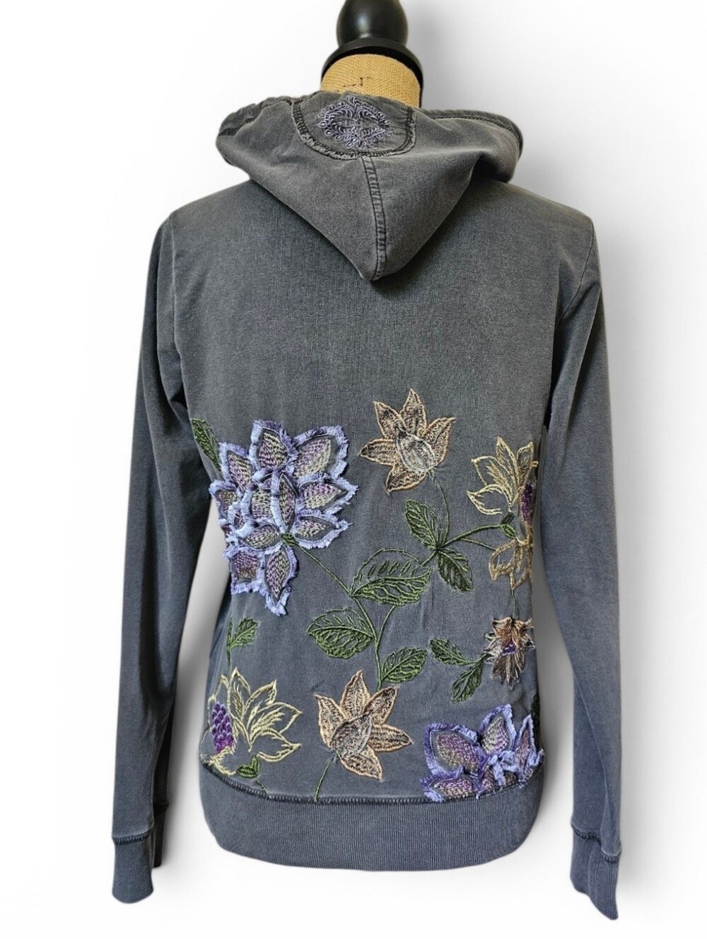 Vertigo Y2K Embroidered Floral Zip Hoodie Jacket Grey Boho Cottagecore, Size M